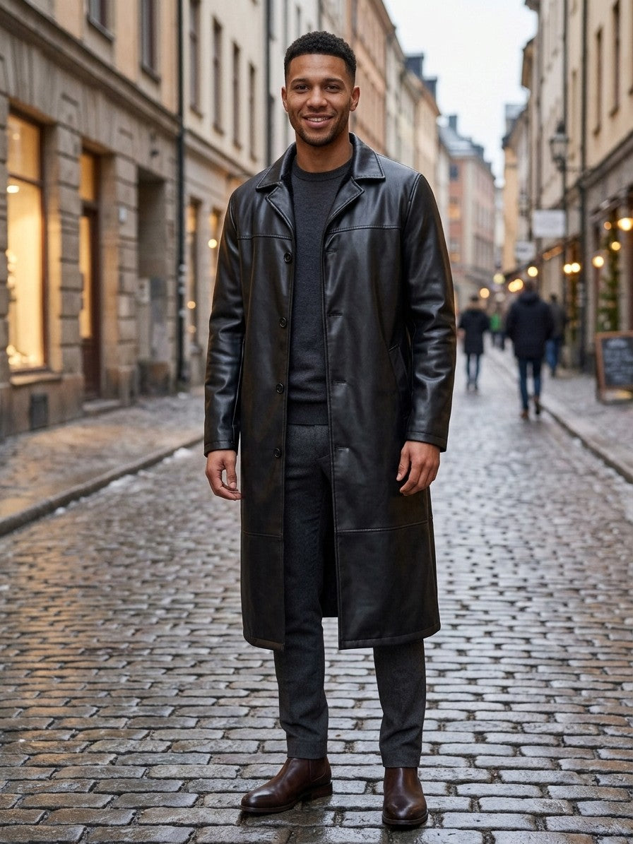 Bolsena Men's Longline Faux Leather Overcoat — black — lifestyle