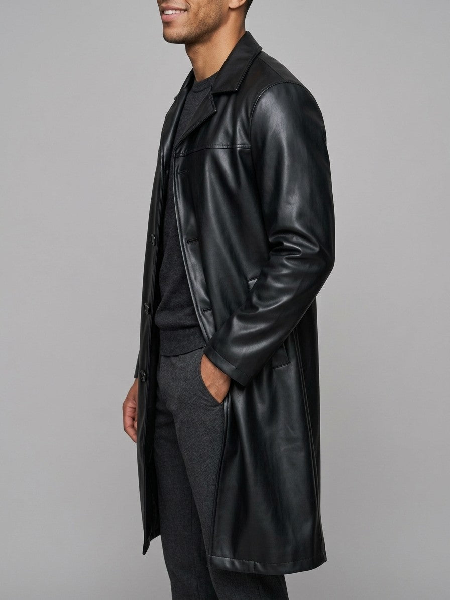 Bolsena Men's Longline Faux Leather Overcoat — black — side