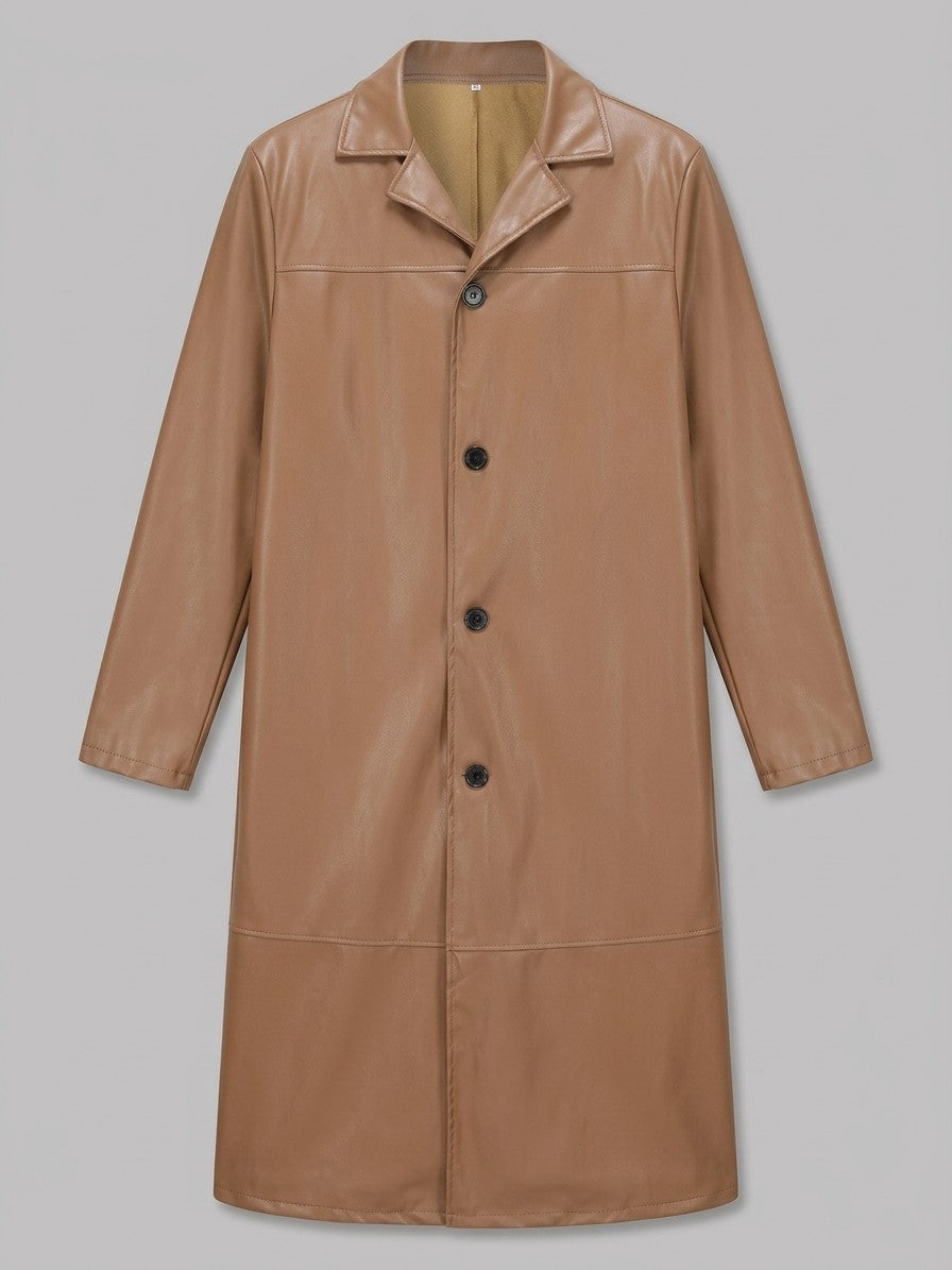 Bolsena Men's Longline Faux Leather Overcoat — khaki — packshot