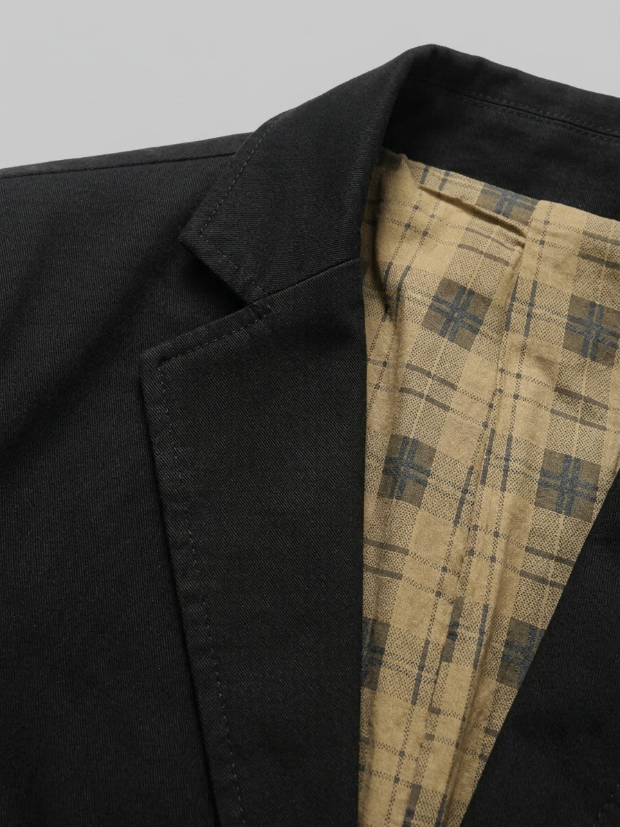 Bolzano Men's Plaid-Lined Cotton Blazer — black — detail-collar