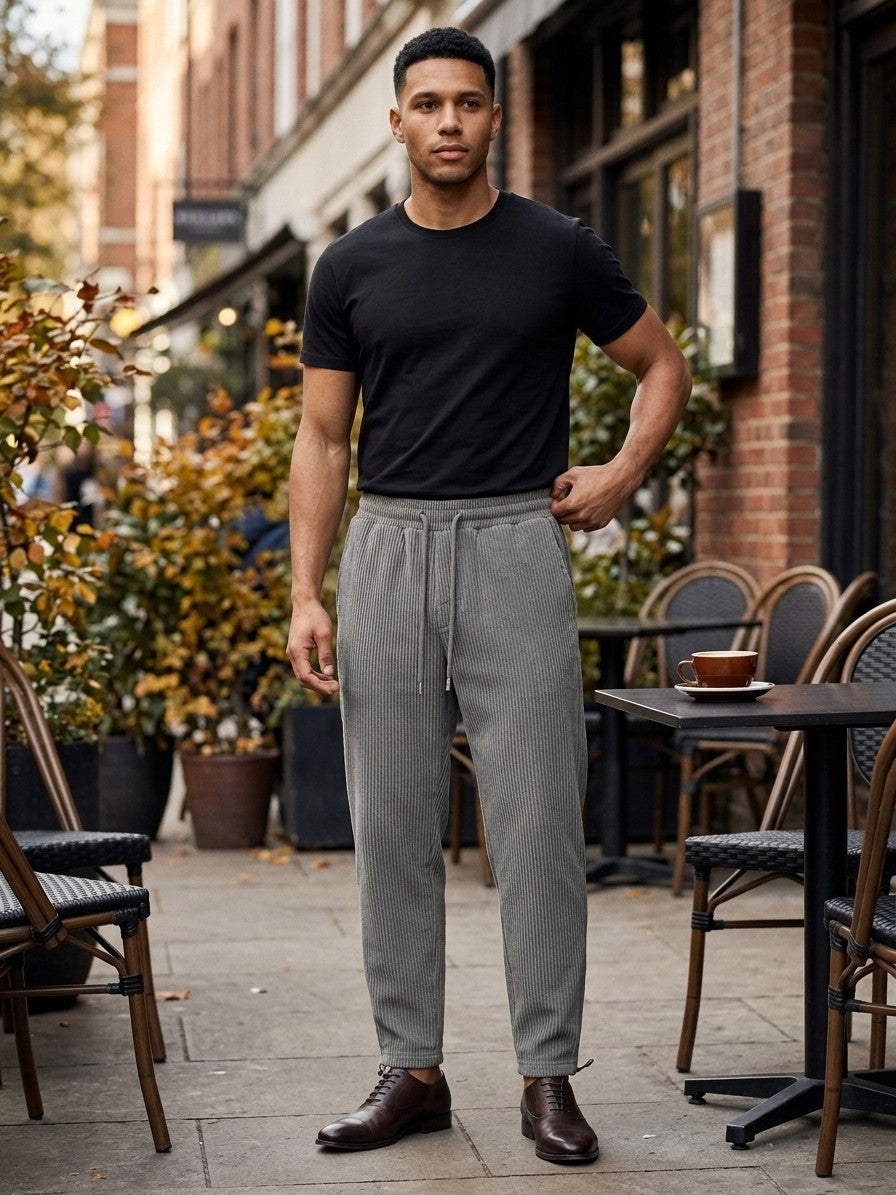 Bomarzo Men's Drawstring Tapered Corduroy Pants — grey — lifestyle