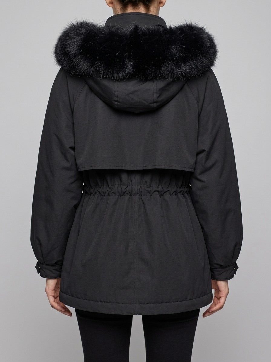 Bordighera Women's Cinched Waist Faux Fur Parka — black — back