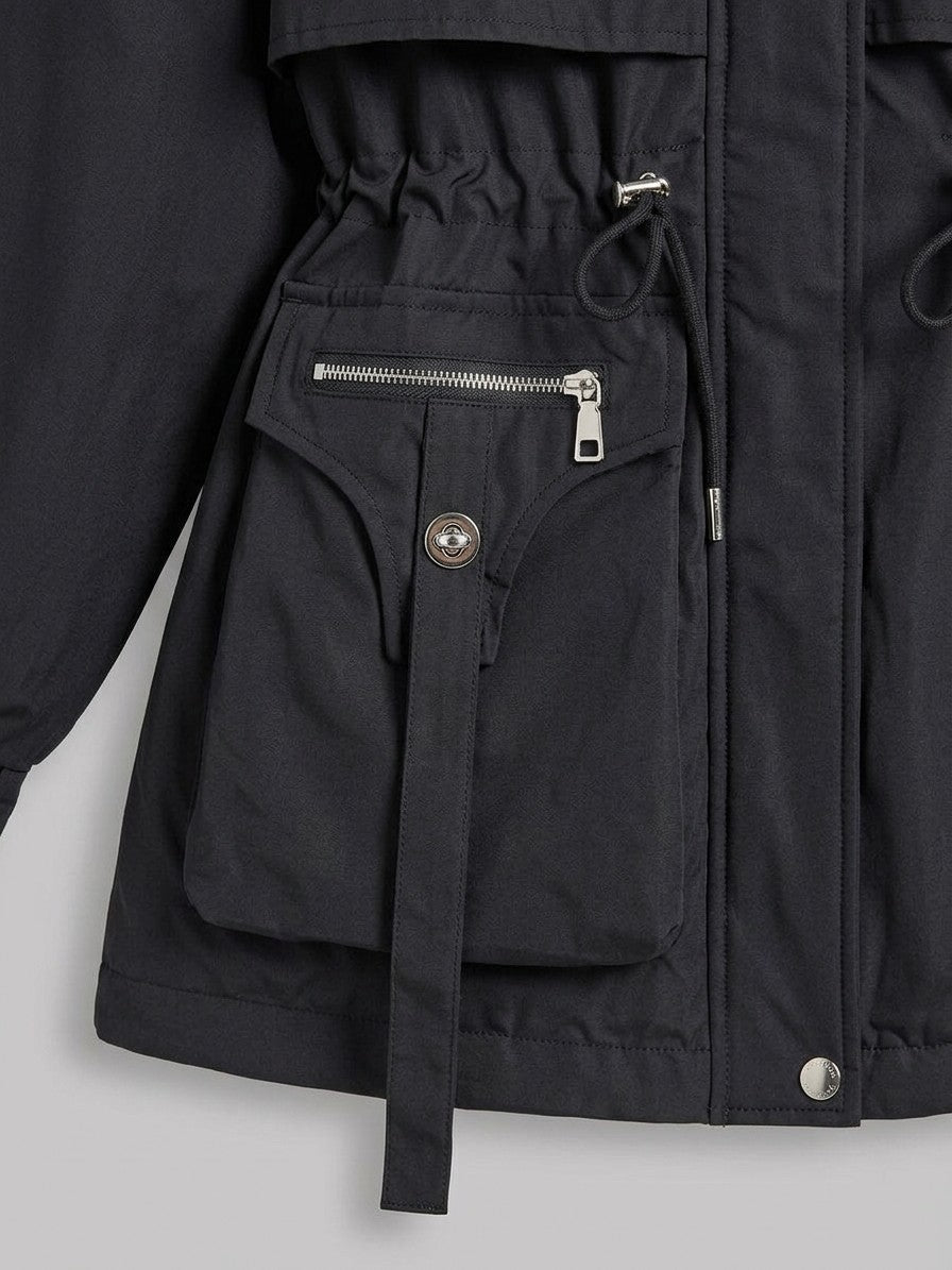 Bordighera Women's Cinched Waist Faux Fur Parka — black — detail-collar