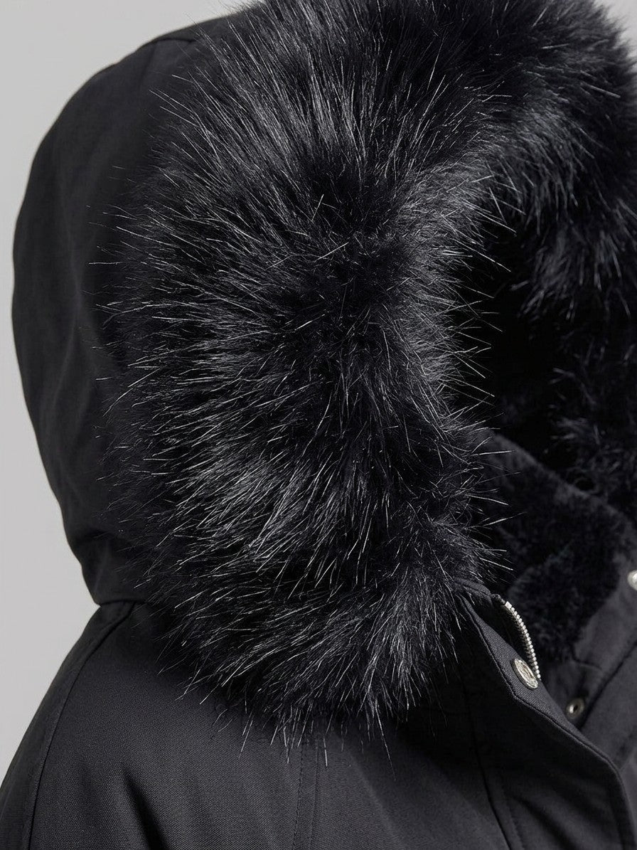 Bordighera Women's Cinched Waist Faux Fur Parka — black — detail