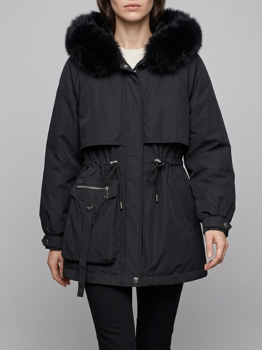 Bordighera Women's Cinched Waist Faux Fur Parka — black — front