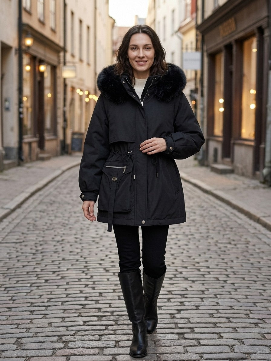 Bordighera Women's Cinched Waist Faux Fur Parka — black — lifestyle