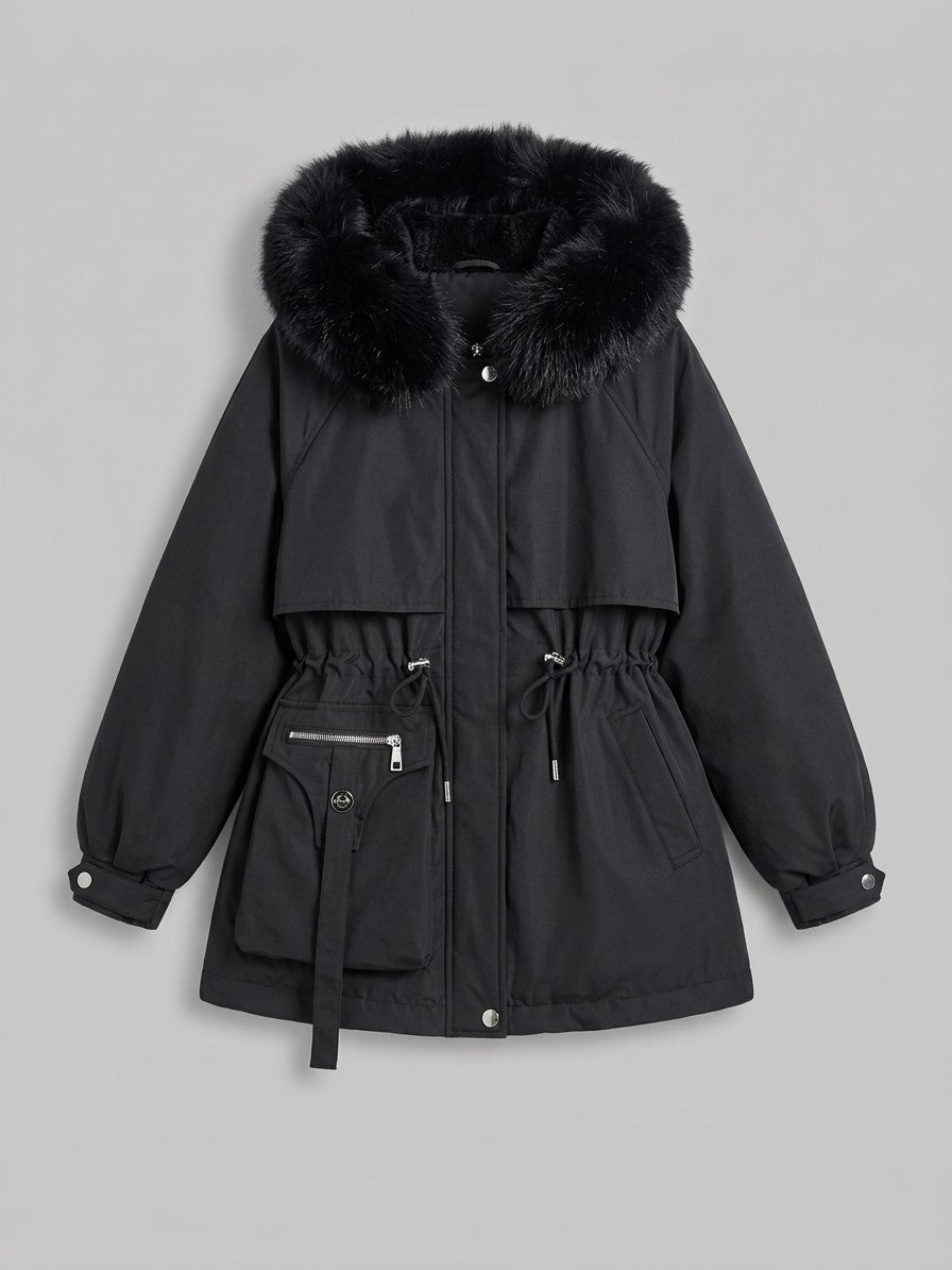 Bordighera Women's Cinched Waist Faux Fur Parka — black — packshot