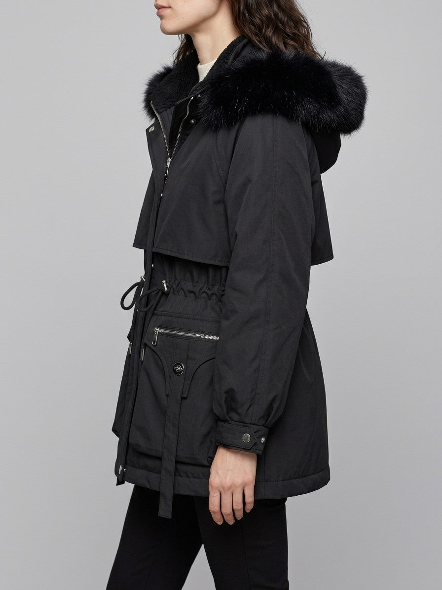 Bordighera Women's Cinched Waist Faux Fur Parka — black — side