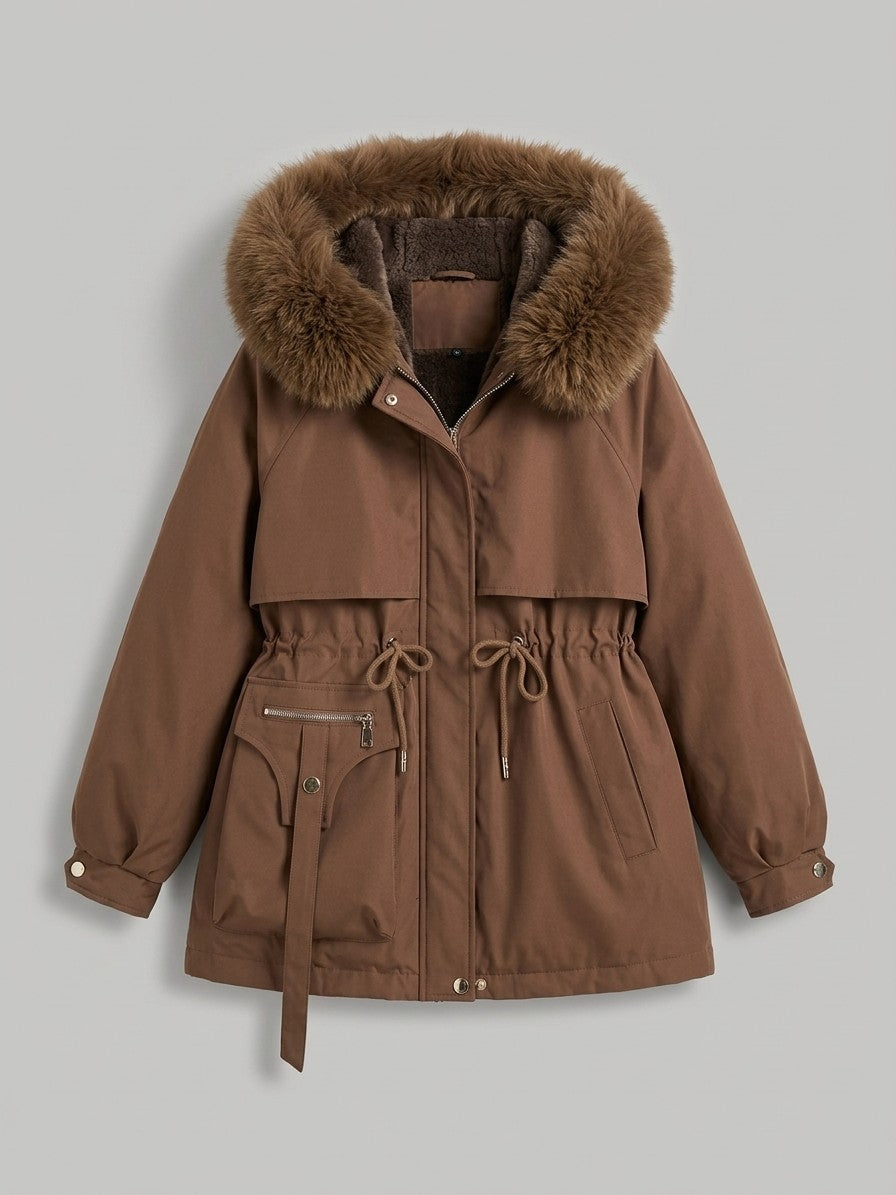 Bordighera Women's Cinched Waist Faux Fur Parka — coffee — packshot