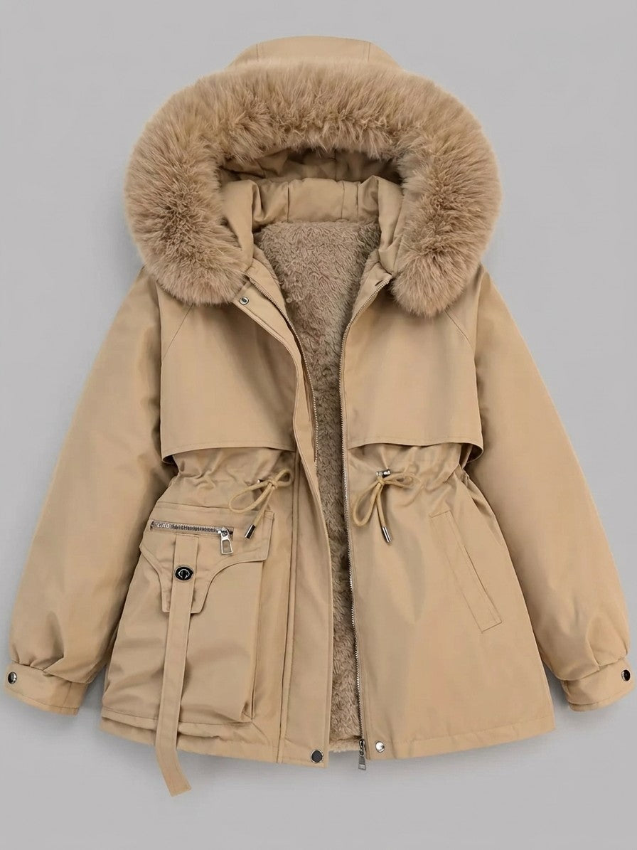 Bordighera Women's Cinched Waist Faux Fur Parka — khaki — packshot