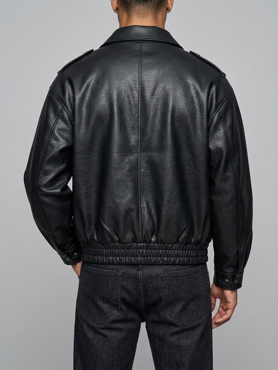 Borgotaro Men's Flap-Pocket Faux Leather Bomber Jacket — black — back