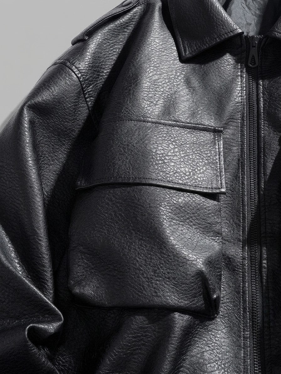 Borgotaro Men's Flap-Pocket Faux Leather Bomber Jacket — black — detail-2