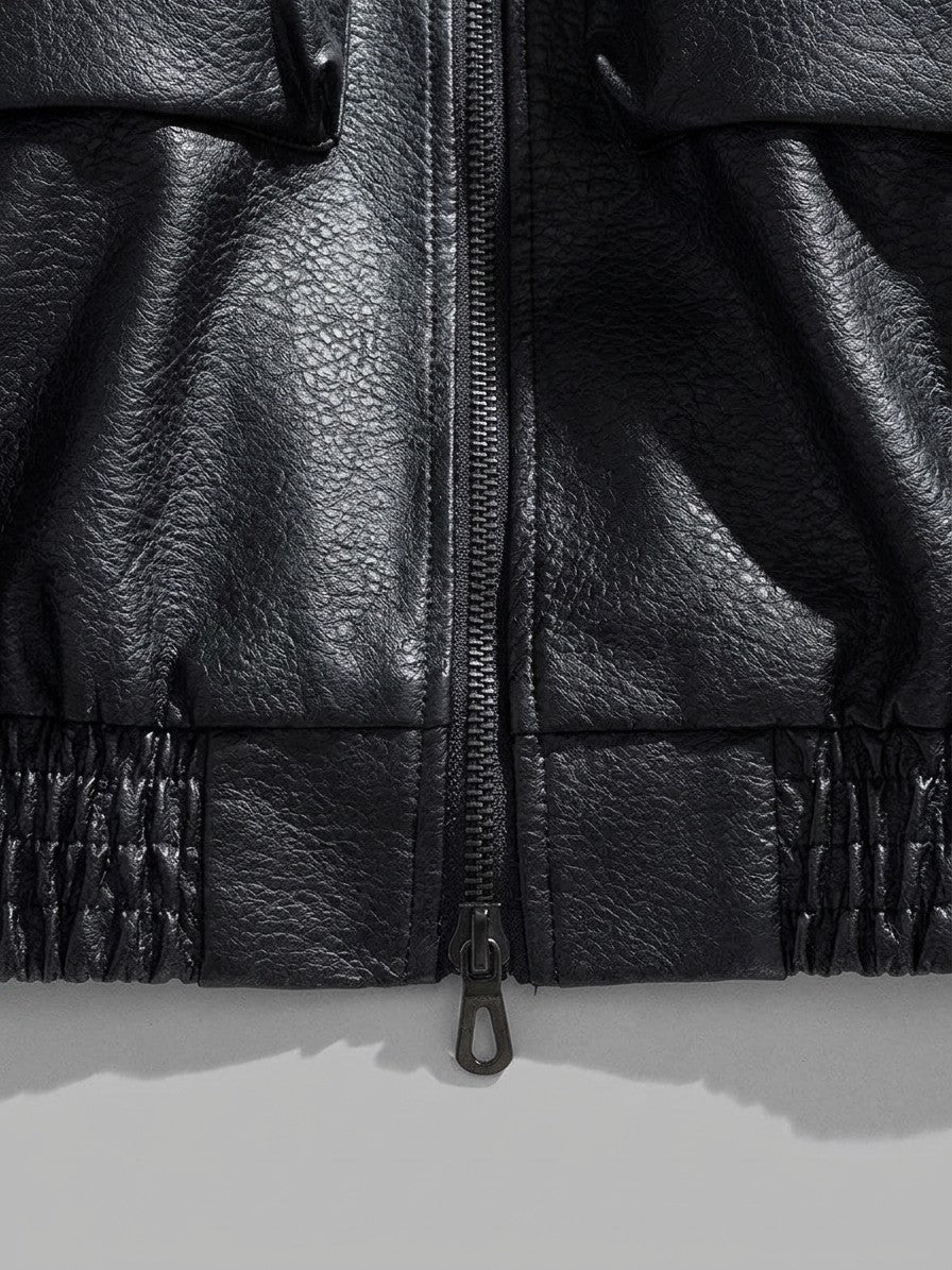Borgotaro Men's Flap-Pocket Faux Leather Bomber Jacket — black — detail-collar