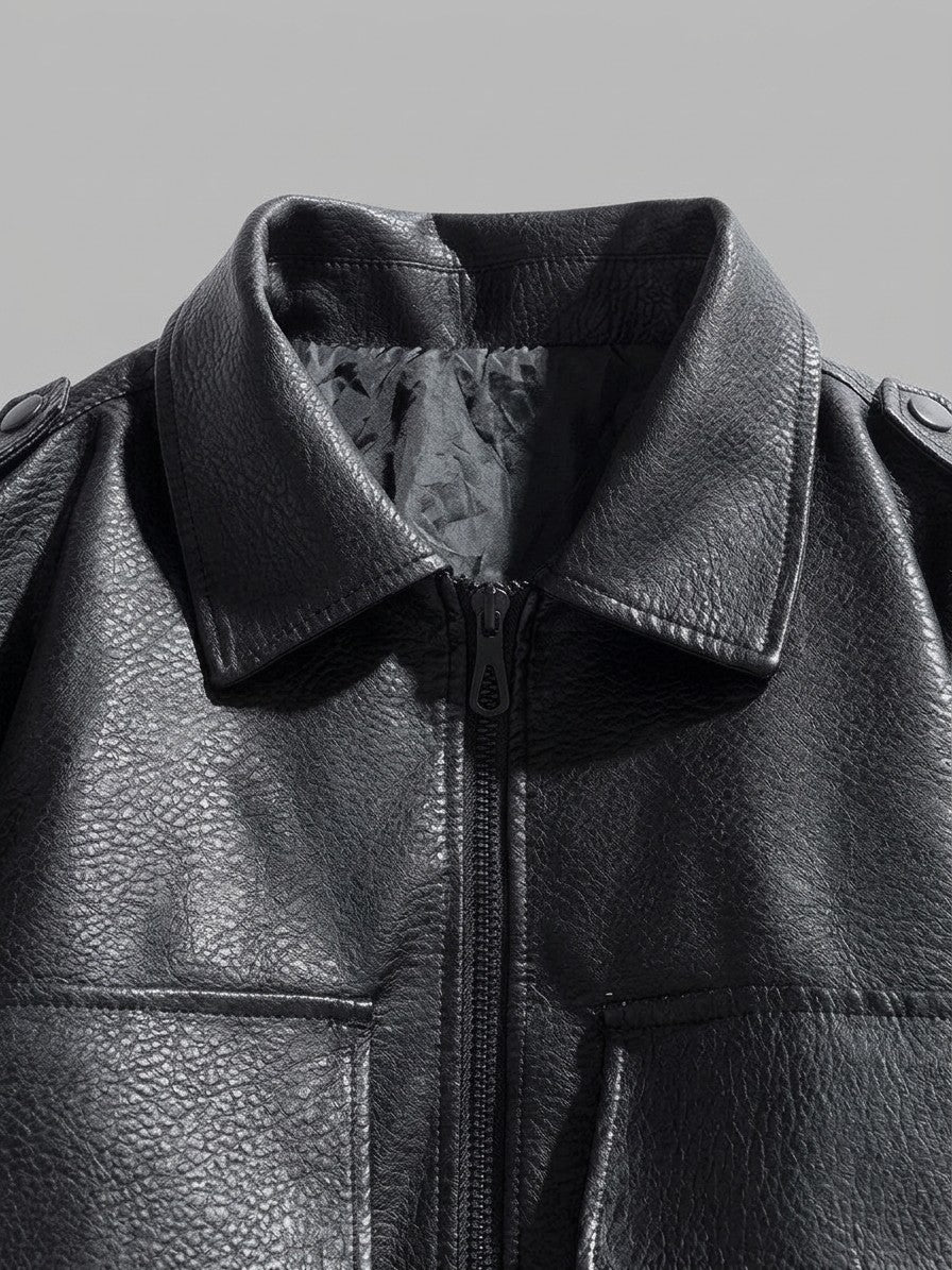 Borgotaro Men's Flap-Pocket Faux Leather Bomber Jacket — black — detail