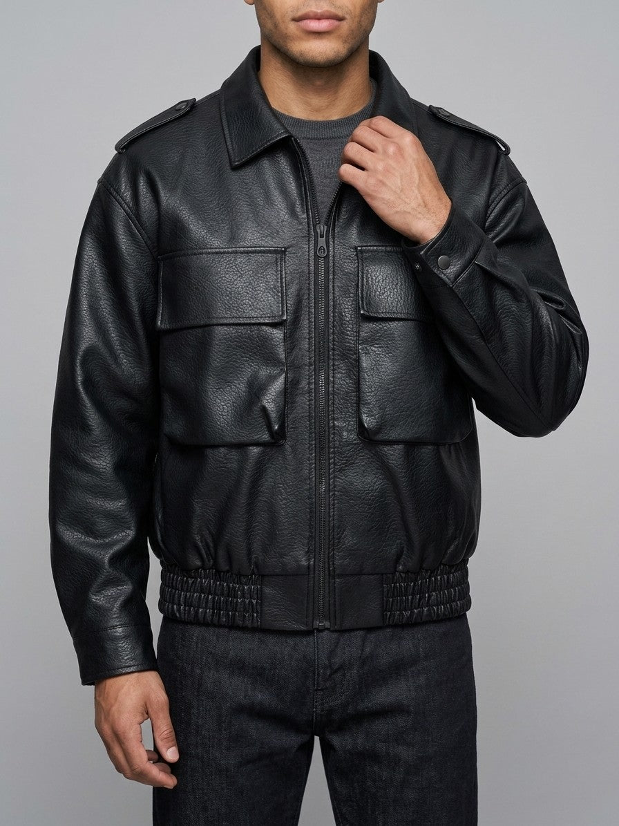 Borgotaro Men's Flap-Pocket Faux Leather Bomber Jacket — black — front