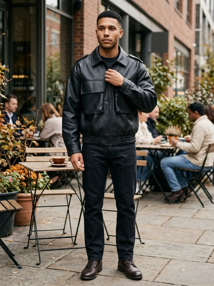 Borgotaro Men's Flap-Pocket Faux Leather Bomber Jacket — black — lifestyle