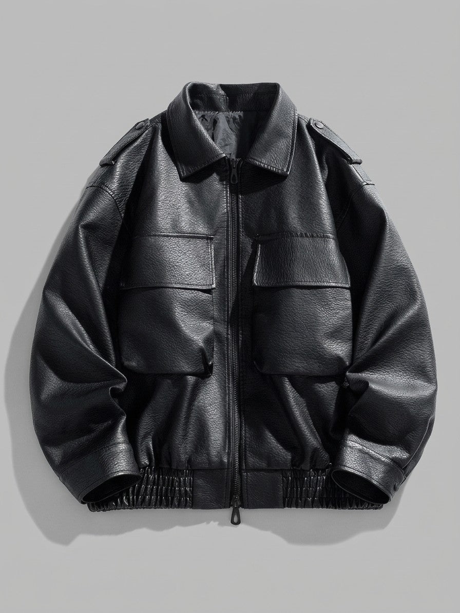 Borgotaro Men's Flap-Pocket Faux Leather Bomber Jacket — black — packshot