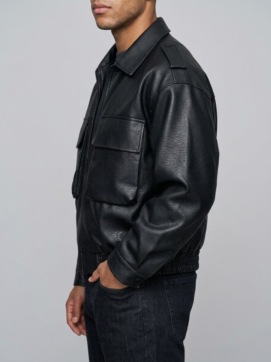 Borgotaro Men's Flap-Pocket Faux Leather Bomber Jacket — black — side