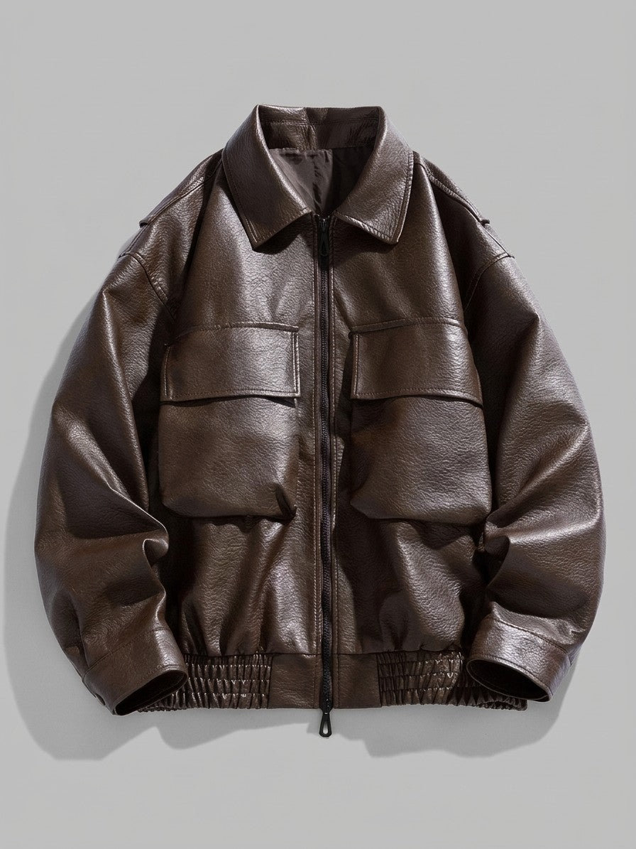 Borgotaro Men's Flap-Pocket Faux Leather Bomber Jacket — darkbrown — packshot