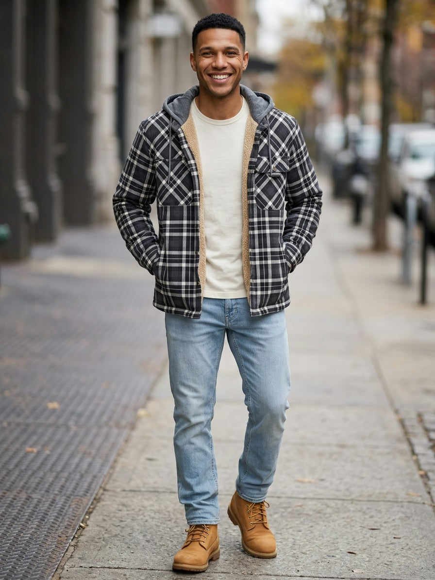 Bormio Men's Hooded Plaid Flannel Shacket — grey — lifestyle