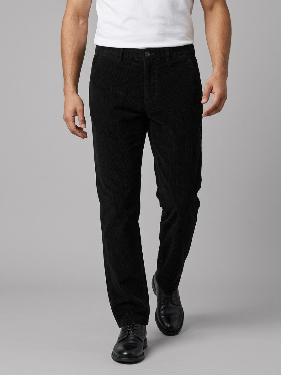 Bovegno Men's Fine-Wale Straight Corduroy Pants — black — front