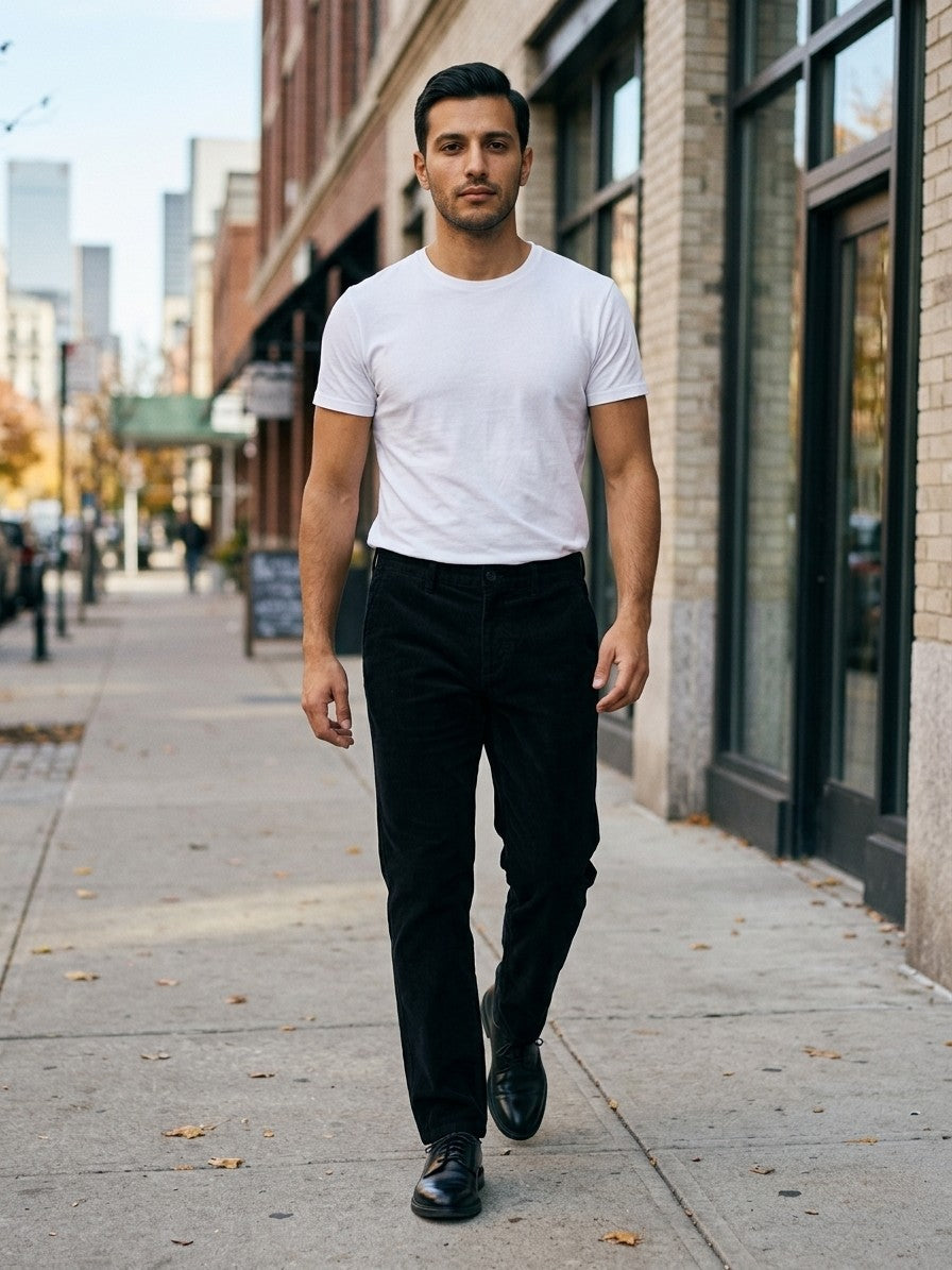 Bovegno Men's Fine-Wale Straight Corduroy Pants — black — lifestyle