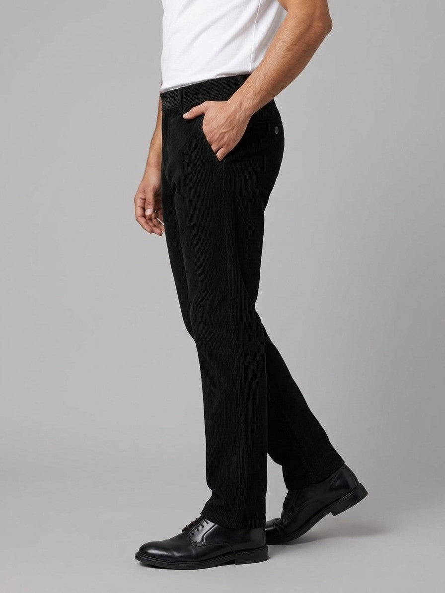 Bovegno Men's Fine-Wale Straight Corduroy Pants — black — side