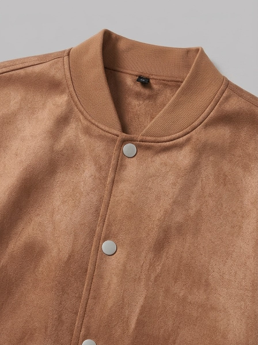 Bovino Men's Faux Suede Snap Baseball Jacket — caramel — detail-2