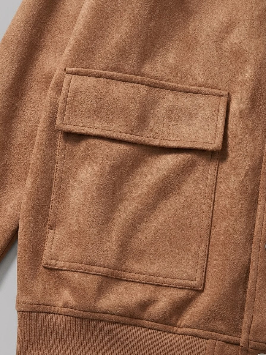 Bovino Men's Faux Suede Snap Baseball Jacket — caramel — detail-collar