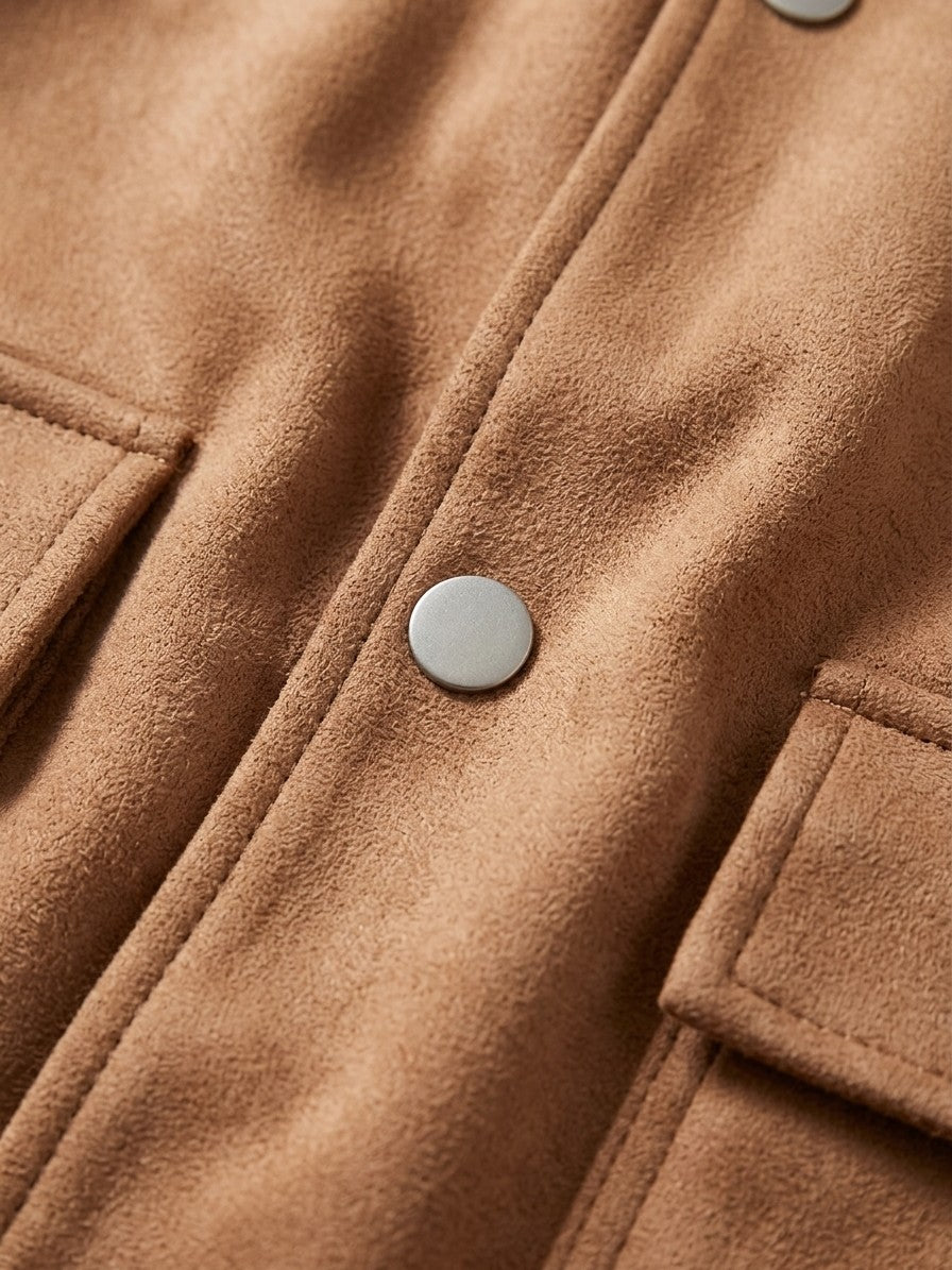 Bovino Men's Faux Suede Snap Baseball Jacket — caramel — detail