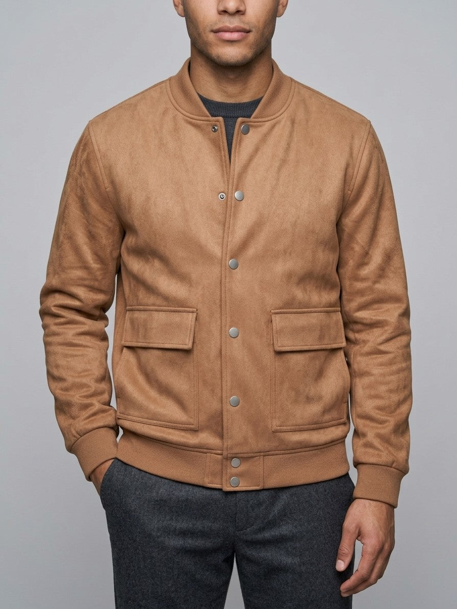 Bovino Men's Faux Suede Snap Baseball Jacket — caramel — front