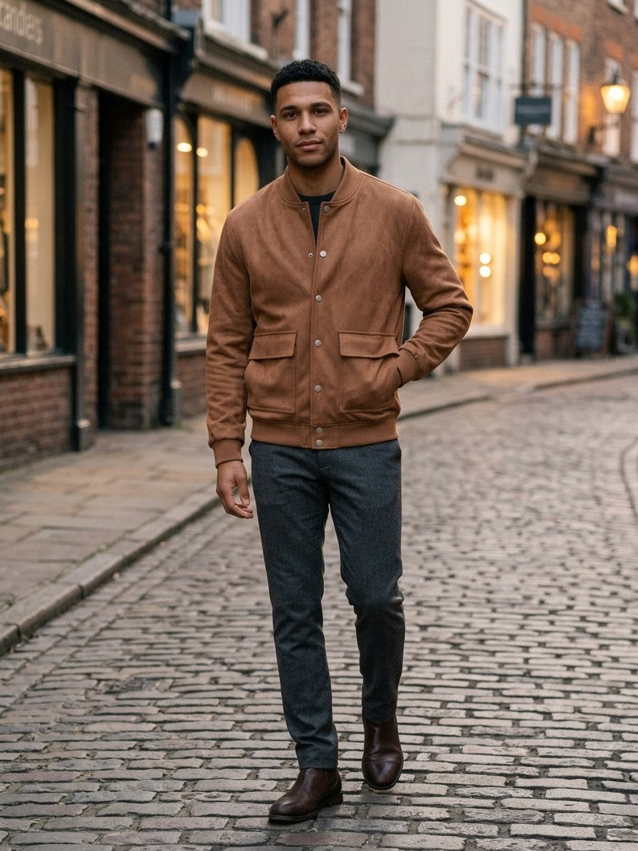 Bovino Men's Faux Suede Snap Baseball Jacket — caramel — lifestyle