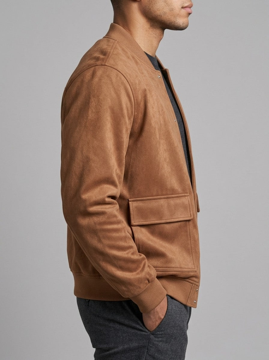 Bovino Men's Faux Suede Snap Baseball Jacket — caramel — side