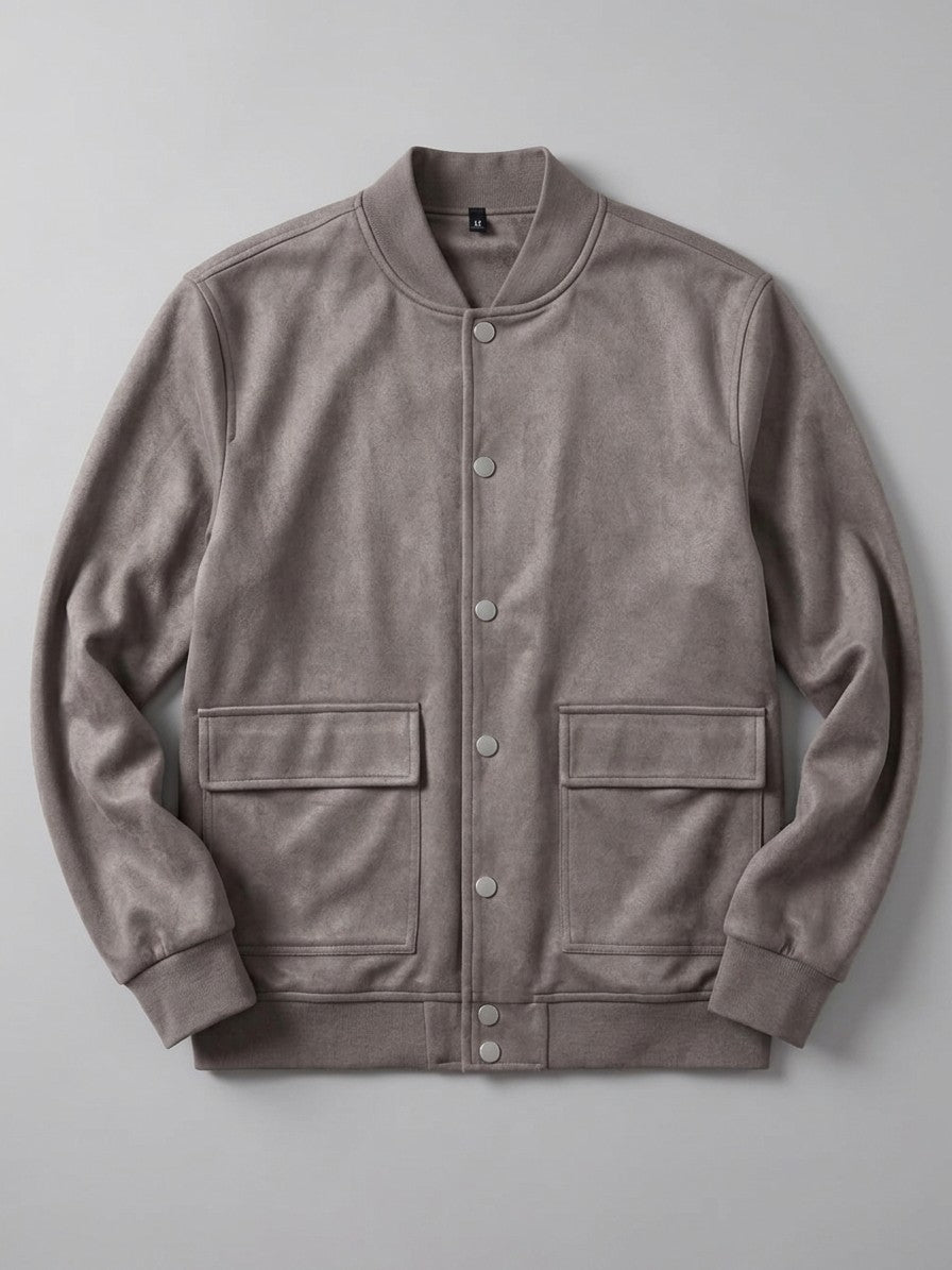 Bovino Men's Faux Suede Snap Baseball Jacket — taupe — packshot