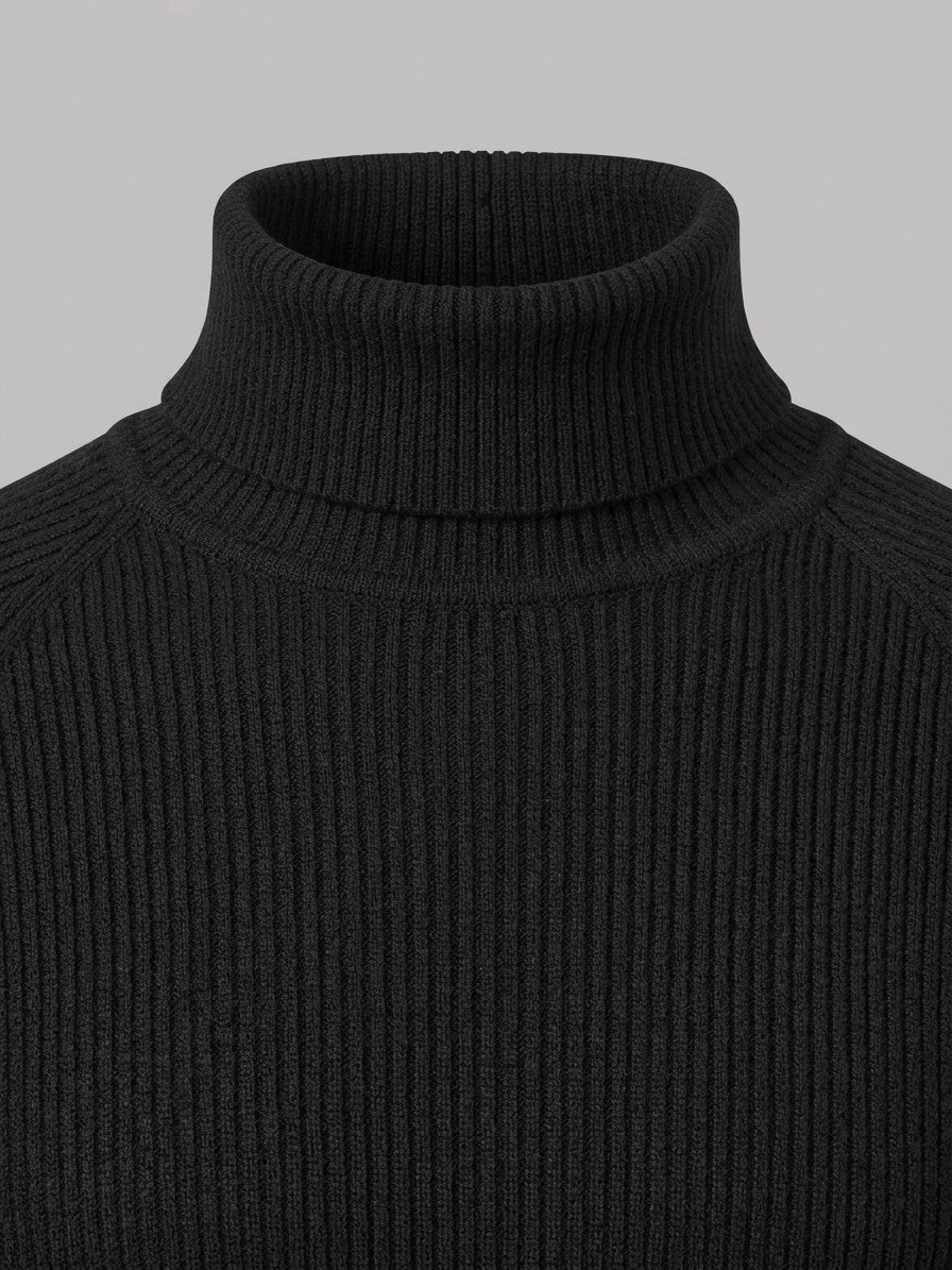 Brescia Men's Ribbed Turtleneck Sweater — black — detail-collar