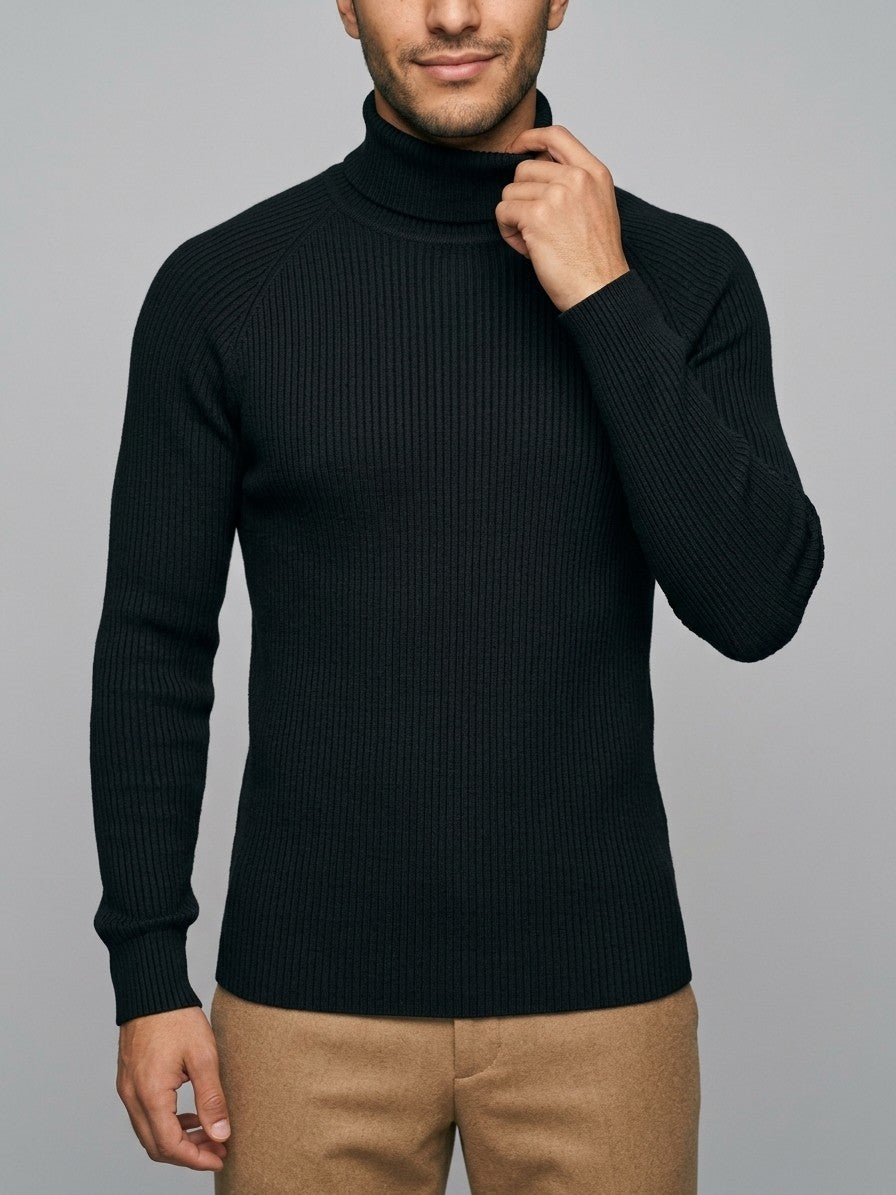 Brescia Men's Ribbed Turtleneck Sweater — black — front