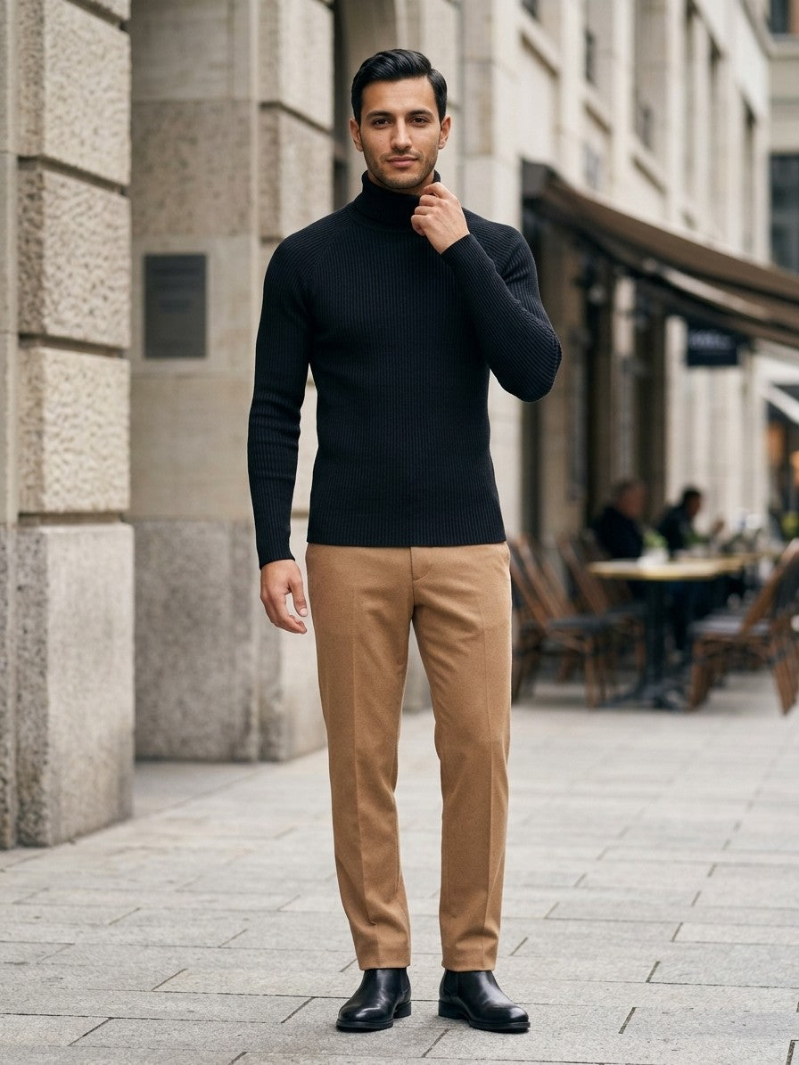 Brescia Men's Ribbed Turtleneck Sweater — black — lifestyle