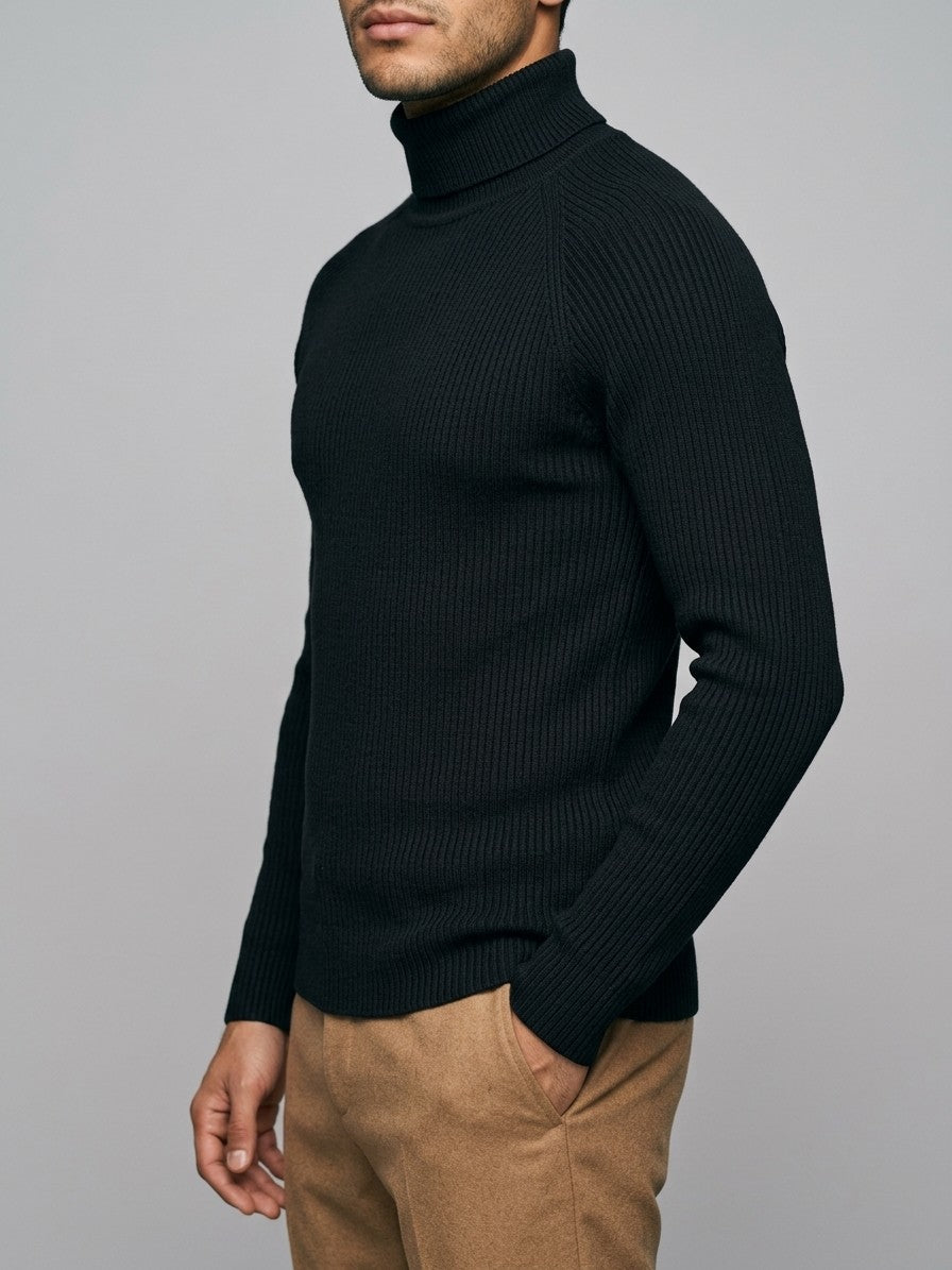 Brescia Men's Ribbed Turtleneck Sweater — black — side