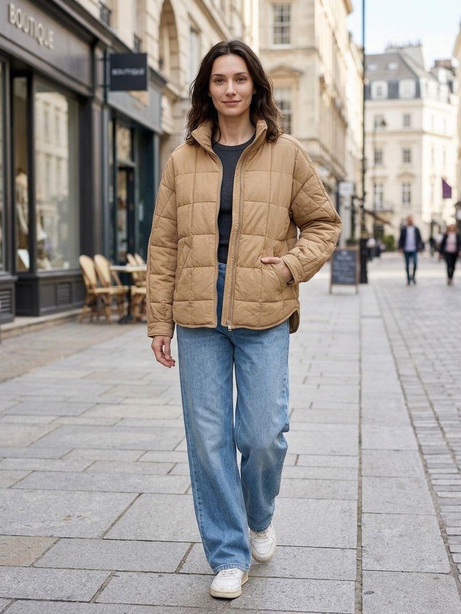 Bressanone Women's Box Quilted Puffer Jacket — camel — lifestyle