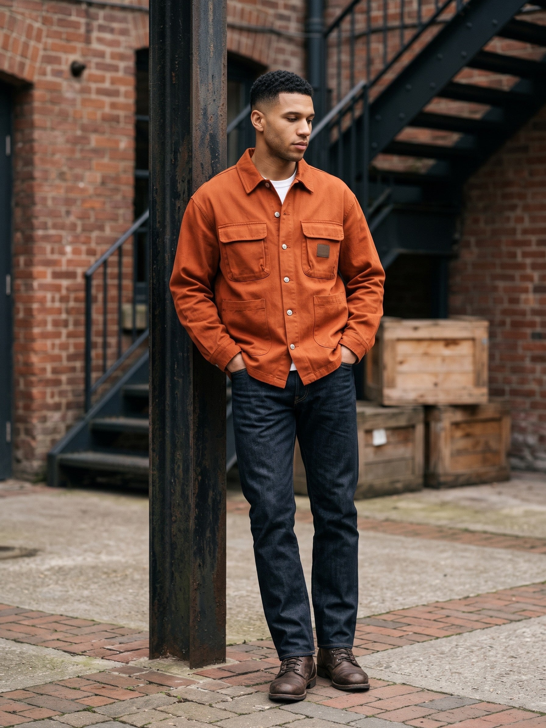 Brienno Men's Four-Pocket Workwear Shirt Jacket — rust — lifestyle