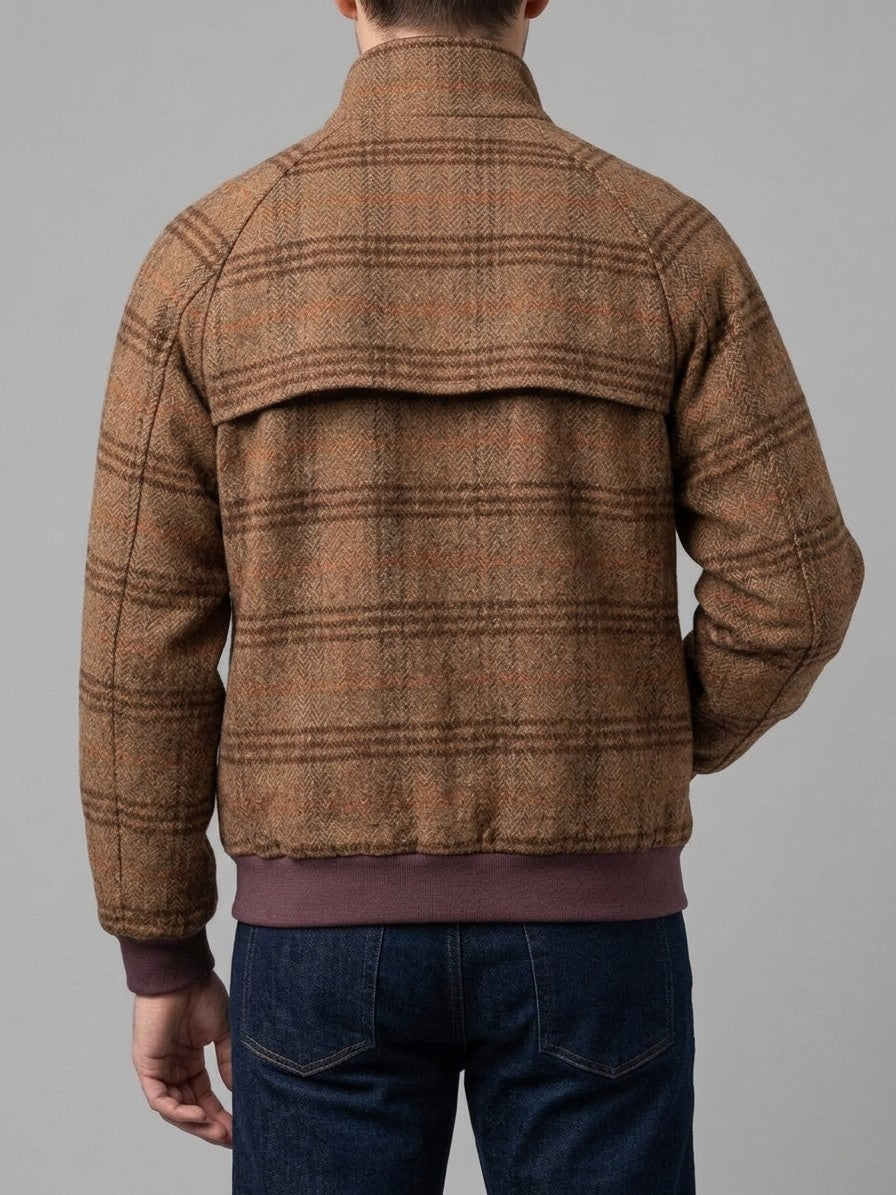 Brienza Men's Check Tweed Harrington Jacket — browncheck — back