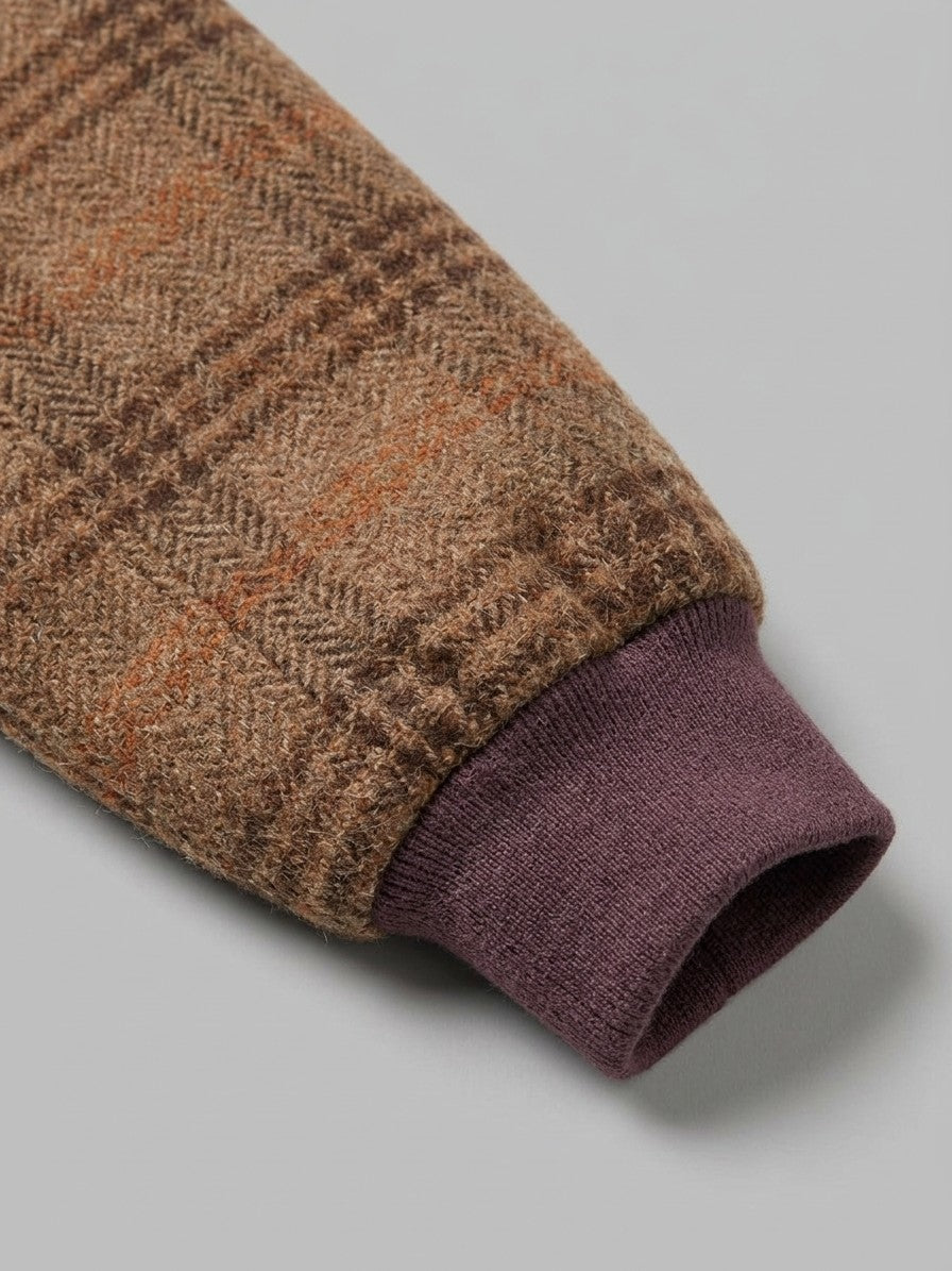 Brienza Men's Check Tweed Harrington Jacket — browncheck — detail-collar