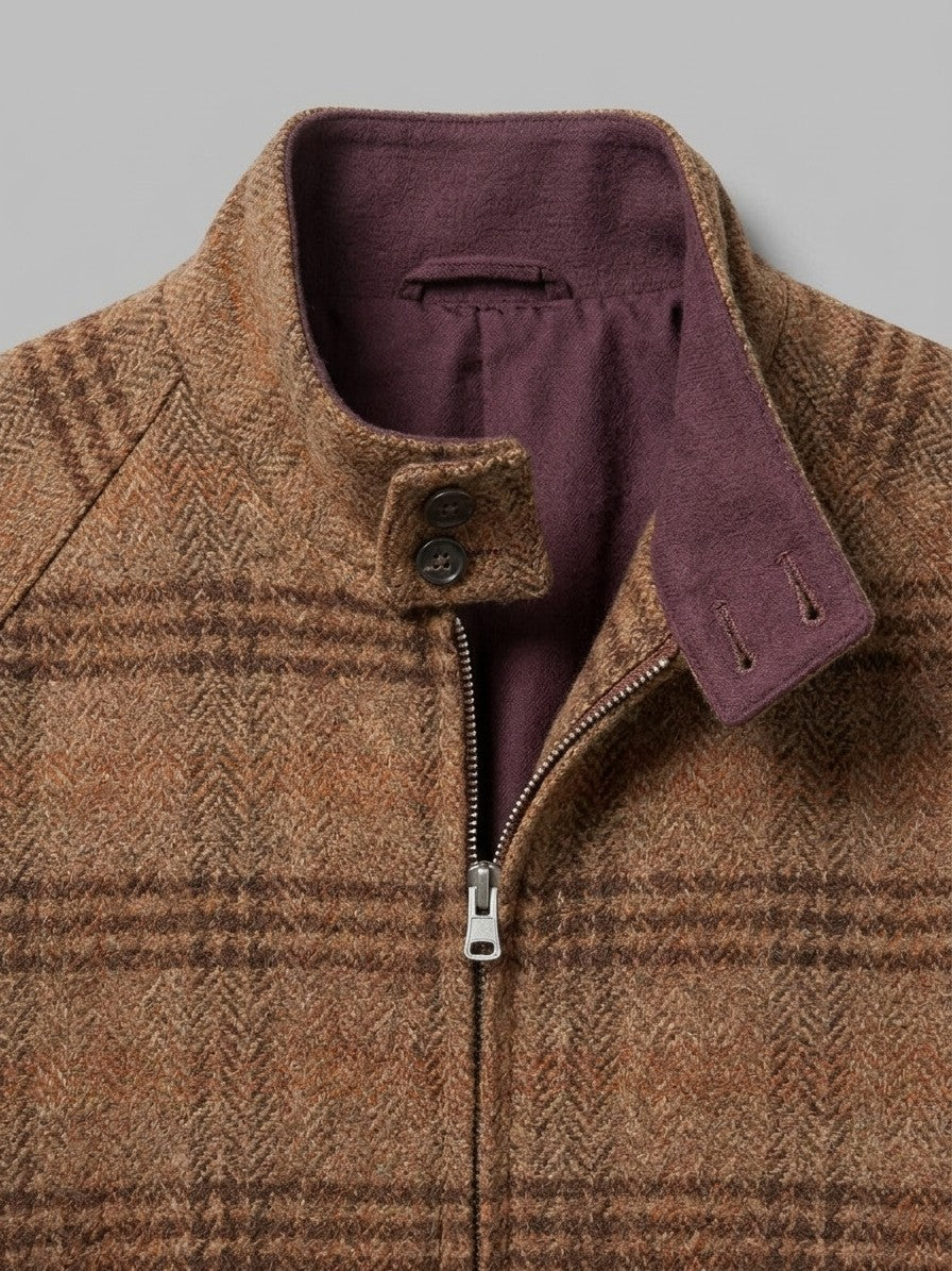 Brienza Men's Check Tweed Harrington Jacket — browncheck — detail