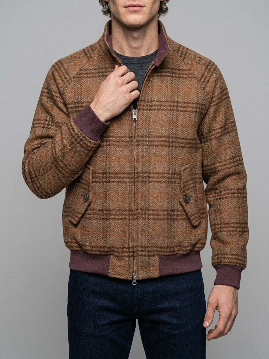 Brienza Men's Check Tweed Harrington Jacket — browncheck — front