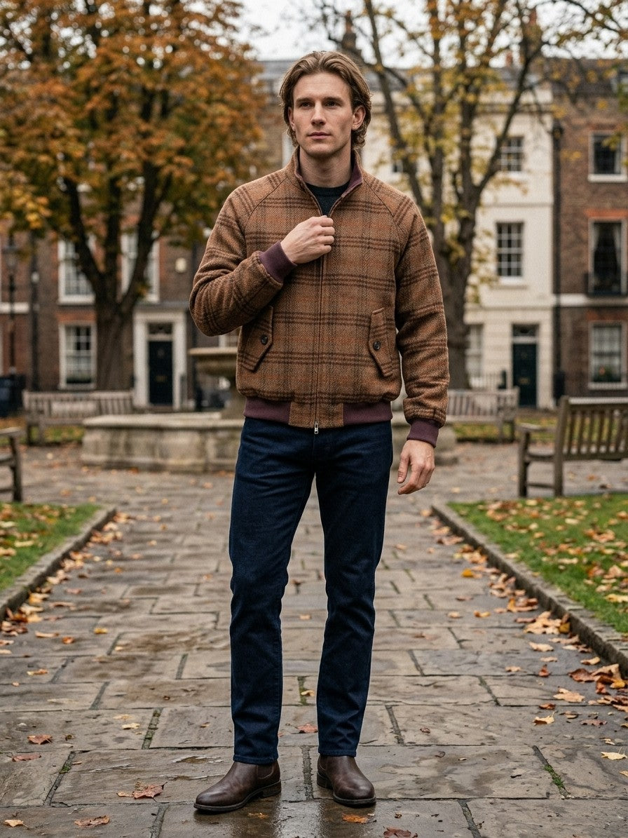 Brienza Men's Check Tweed Harrington Jacket — browncheck — lifestyle