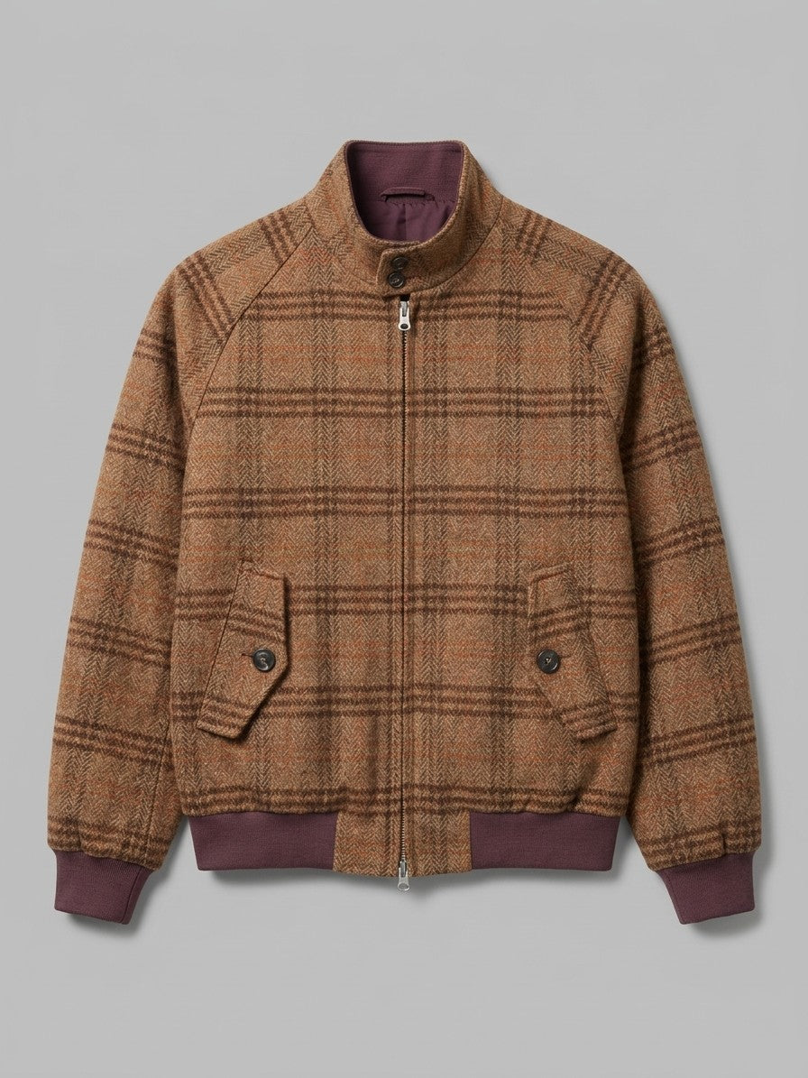 Brienza Men's Check Tweed Harrington Jacket — browncheck — packshot