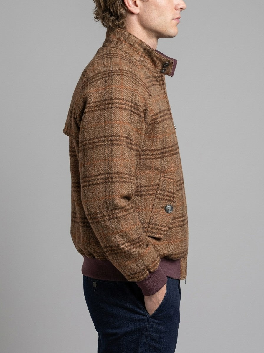 Brienza Men's Check Tweed Harrington Jacket — browncheck — side