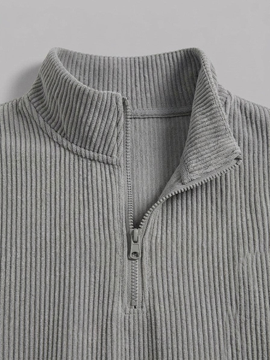 Brindisi Men's Corduroy Quarter-Zip Pullover — gray — detail-collar