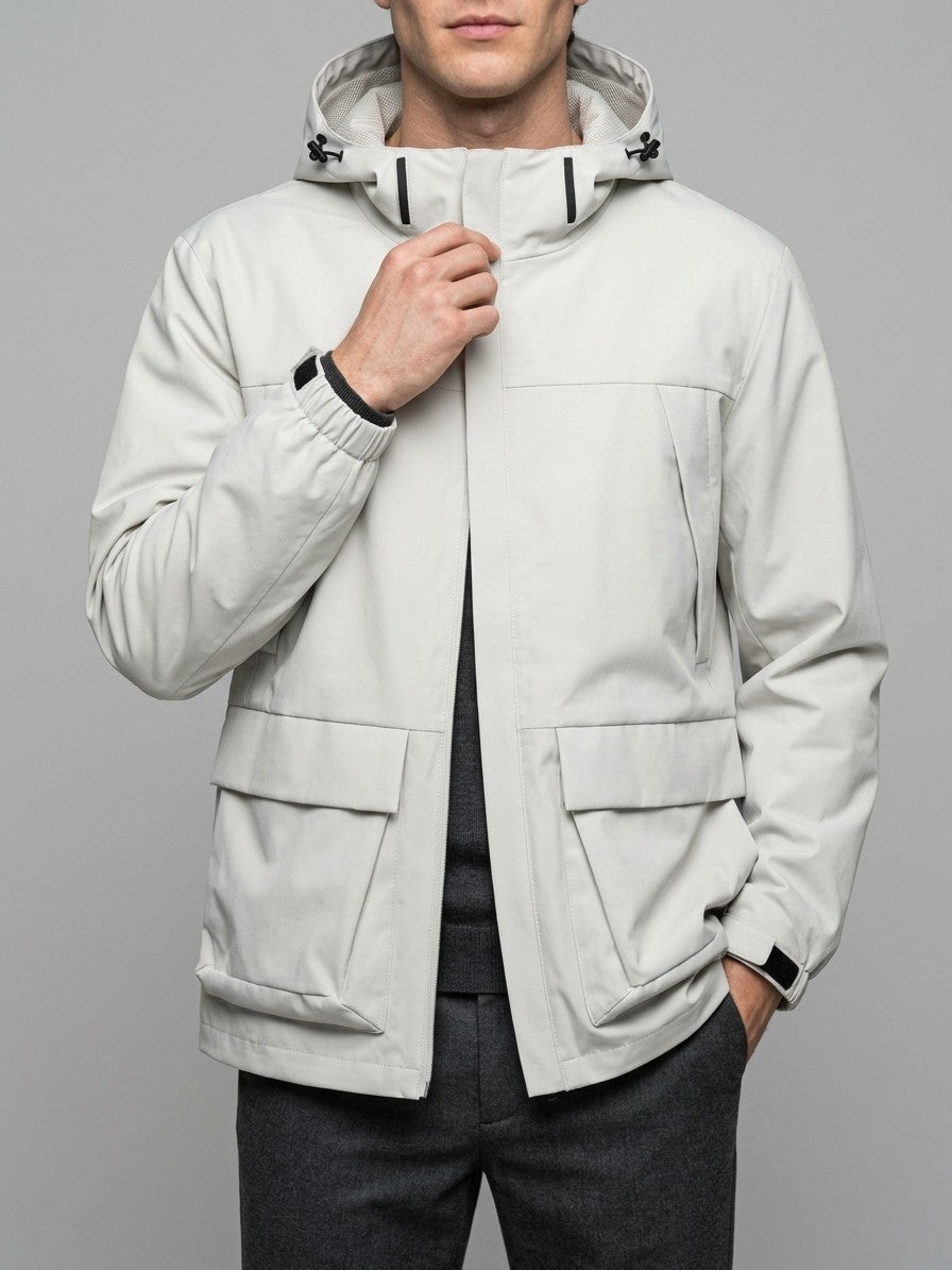 Brisighella Men's Hooded Flap-Pocket Windbreaker — foglotuswhite — front