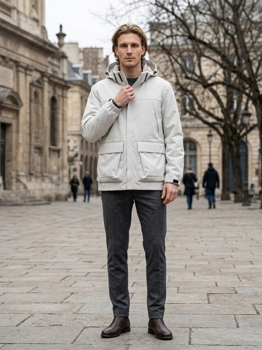 Brisighella Men's Hooded Flap-Pocket Windbreaker — foglotuswhite — lifestyle